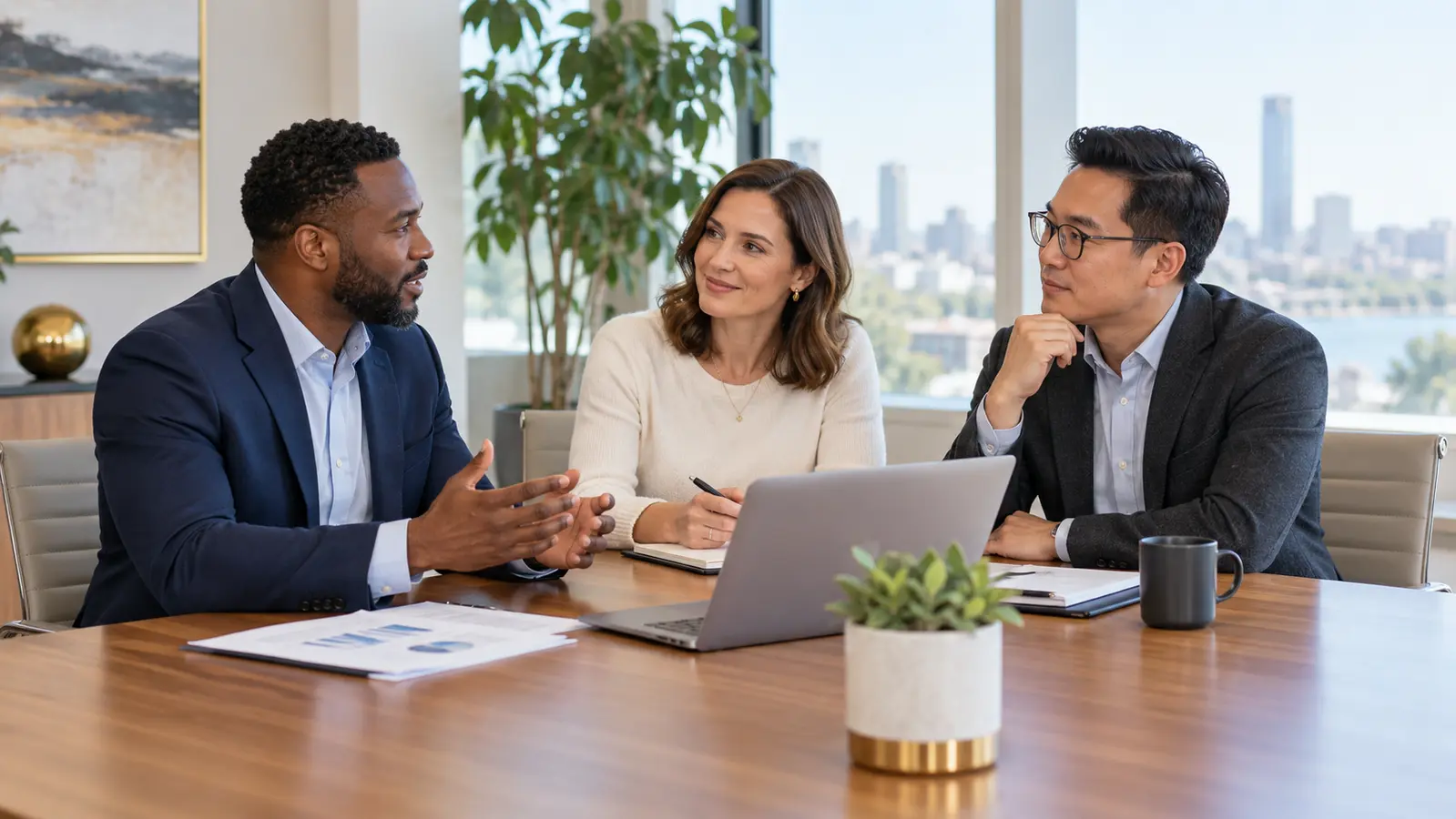 Three professional advisors collaborating around a conference table.